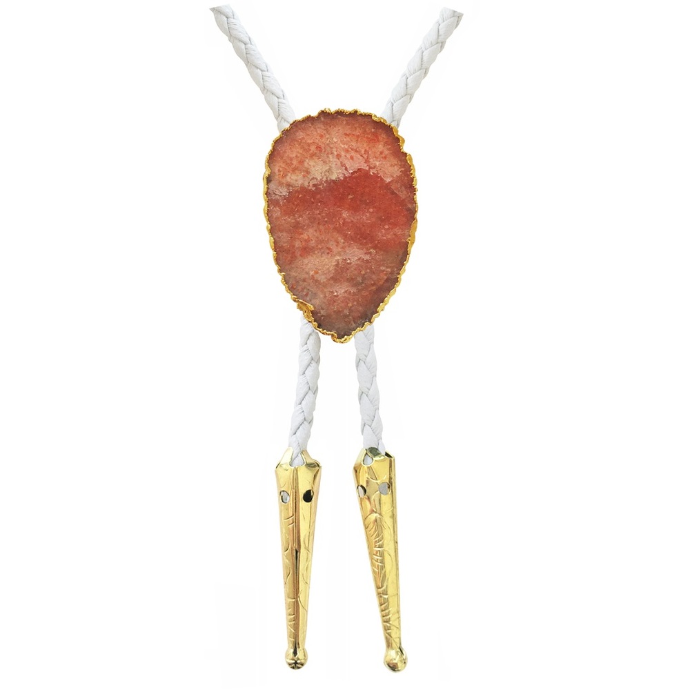 Pink Sunstone Gold Trim Bolo Tie with White Braided Vegan Leather Cord